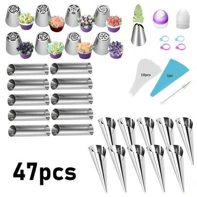 47件套糕点装饰套装 - 包括圆锥形擀面杖、牛角面包奶油角模具、华夫饼筒模具、冰淇淋筒模具、不粘丹麦酥皮模具，厨房必备烘焙工具