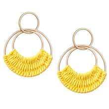 Raffia Hoop Earrings For Women Fun Boho Summer Beach Earrings Lightweight Handmade Straw Wicker Rattan Dangle Earrings Statement Geometric Round Drop Earrings - Vàng tròn - Xem 1