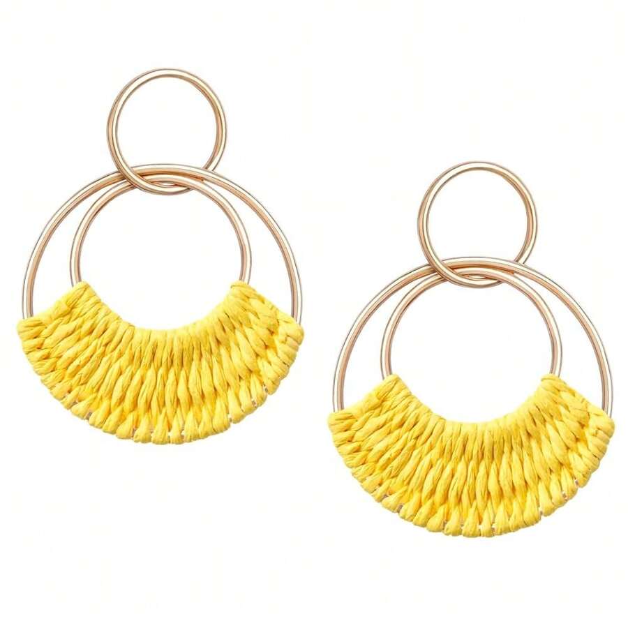 Raffia Hoop Earrings For Women Fun Boho Summer Beach Earrings Lightweight Handmade Straw Wicker Rattan Dangle Earrings Statement Geometric Round Drop Earrings - Vàng tròn - Xem 1