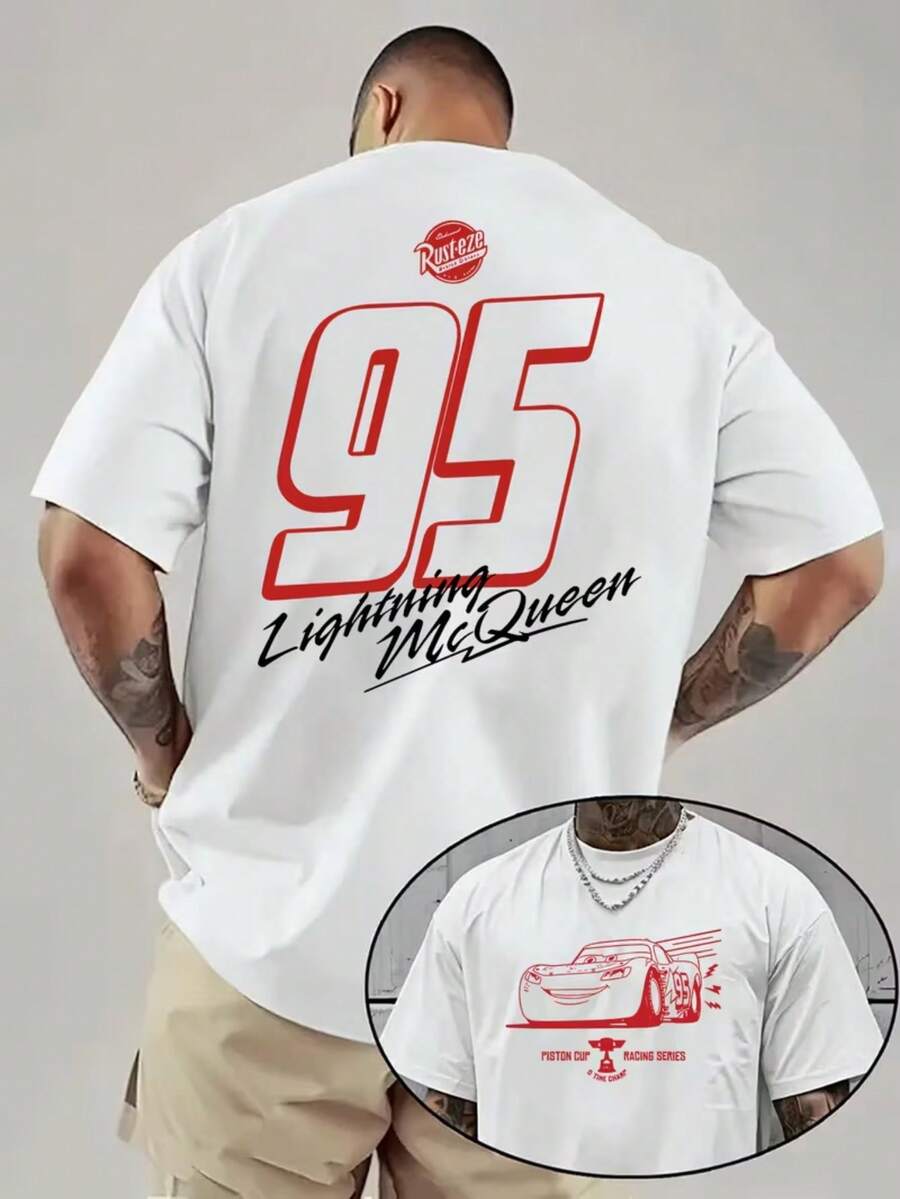 1 Piece, Disney Men's T-Shirt, Disney Lightning McQueen Racing No.95 Pattern Men's Short-Sleeved T-Shirt, Round Neck Casual And Comfortable T-Shirt, Breathable And Light, Suitable For Sports And Leisure Wear, Loose T-Shirt, Suitable For Gifts, Suitable For Travel And Party Wear. - White - View 1