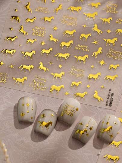 1pc Retro Gold Horse, American Flag Celebration 2026 Year Of The Horse 5D Nail Art Sticker, Auspicious Nail Decals, Self-Adhesive Nail Art Decoration, Suitable For Women Nails Nail Supplies