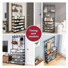 Coat Rack, 5-Tier Multifunctional Metal Coat Rack With 8 Double Hooks - Space-Saving Storage Solution For Entryways, Living Rooms, Bathrooms And Hallways - Separate Entryway Shoe Rack For Ample Storage Space - màu đen - Xem 3