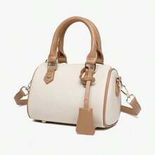 2025新款时尚波士顿枕形包，斜挎手提包，多功能托特包，双色压纹皮革 - 米色 - 查看 6