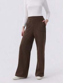 Women's Comfortable Straight-Leg Pants With Side Pockets - Elastic Waist, Suitable Casual Wear In Autumn And Winter - Loose-Fitting Pants That Can Be Washed, - Cà phê nâu - Xem 2