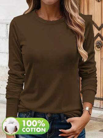 Camiseta de manga larga de 100% algodón para mujer - Blusa casual de cuello redondo, lavable a máquina, estilo versátil para la calle o vacaciones, parte superior para primavera/otoño/invierno, camiseta con estampado geométrico, corte holgado, moda primaveral, ligera y transpirable, camiseta estampada, casual para uso en exteriores/interiores