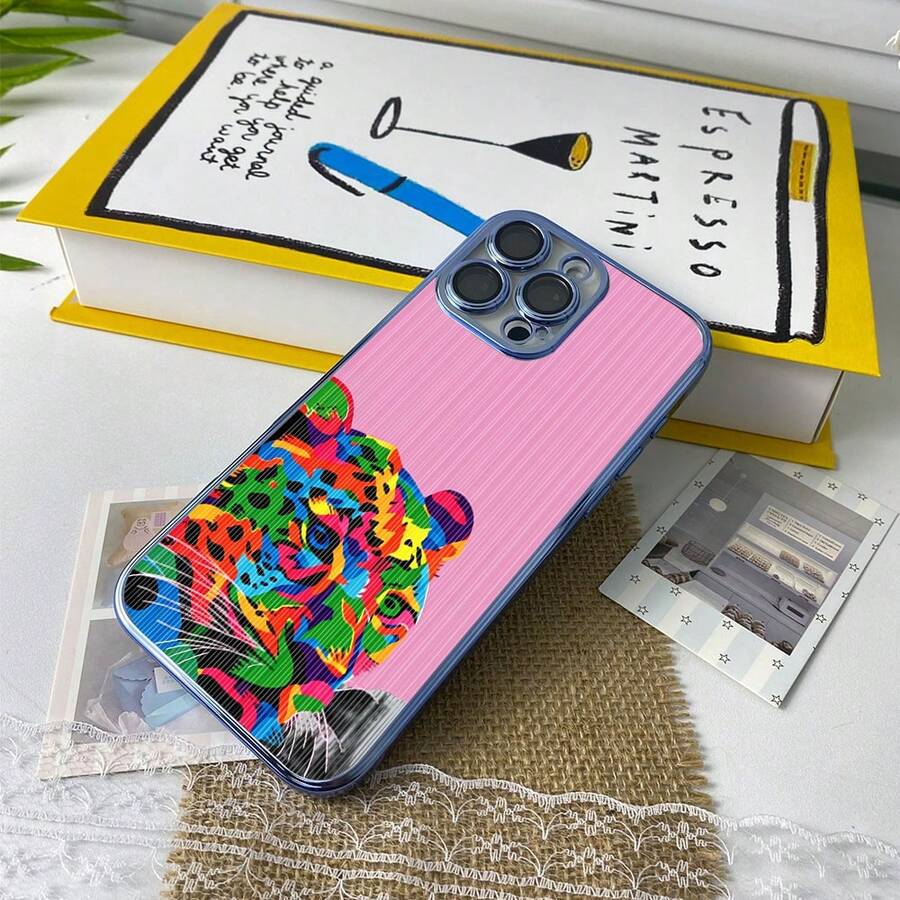 Abstract Art Neon Leopard Pink Background Phone Case, Full-Coverage Lens Electroplated TPU Phone Case, Exquisite Electroplating Process, Built-In Lens Protector For Scratch And Dust Protection, High-Definition Transparent Back Panel, Material: TPU + Lens Protector, Suitable For IPhone 17, 16, 15, 14, 13, 12, 11 Plus, Pro, Pro Max, And Air. Perfect Gift For Friends, Loved Ones, Or Yourself. - Gold - View 1