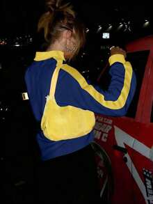 American Street Style Contrast Color Graphic Print Zip-Up Loose Fit Half-Turtleneck Sweatshirt For Women, Suitable For Casual Daily Wear Or Layering In Spring/Summer - Navy Blue - View 7