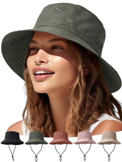 Unisex Solid Color Drawstring Decor Bucket Hat, Suitable For Daily Outdoor Leisure Sun Protection, Also Suitable For Summer Outdoor Activities Such As Hiking And Fishing