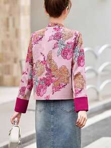 Jaket Pendek Wanita Gaya Cina dengan Kancing Katak Brokat Jacquard, Kerah Tegak, Jaket Pendek Vintage Lengan Panjang Jacquard Phoenix - Berwarna merah muda - View 3