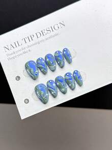 10 Pieces Of Purely Handmade Wearable Nail Tips, Short Almond-Shaped Nail Type With Press-On Fake Nails, Featuring A Cool Style, Hand-Painted Dark Green Nail Base Color, Three-Dimensional Transparent Asymmetrical Water Droplets, Hand-Painted Starburst Patterns, Blue Aurora Effect On The Nail Surface Nail Supplies - Multicolor - View 4