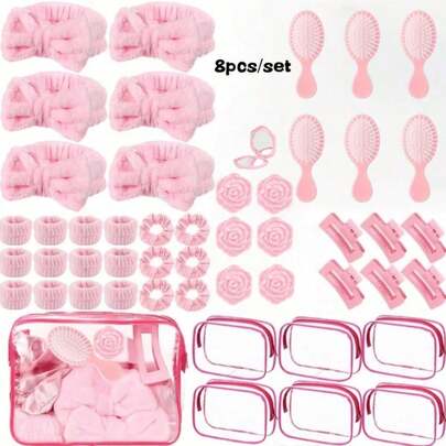 Set de regalo de 8 piezas para fiesta de spa de niñas, suministros para fiesta de pijamas rosa que incluyen diadema con lazo, muñequera, scrunchies para el cabello, pasadores para el cabello, joyero, bolsa de cosméticos, espejo, adecuado para obsequios de damas de honor