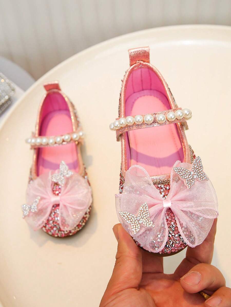 1 par de zapatos de niña con mariposas multicolor y decoración de strass, zapatos de princesa con suela suave y decoración de perlas, adecuados para primavera, verano, fiestas de cumpleaños, actuaciones escolares, zapatos etéreos y delicados - Rosa - Ver 1