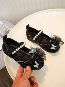1 Pair Girls' Multi-Color Butterfly Rhinestone Shoes, Pearl Decor Princess Soft Bottom Shoes, Spring/Summer, Birthday Party, School Performance, Ethereal & Gentle Casual Shoes - Black - View 4