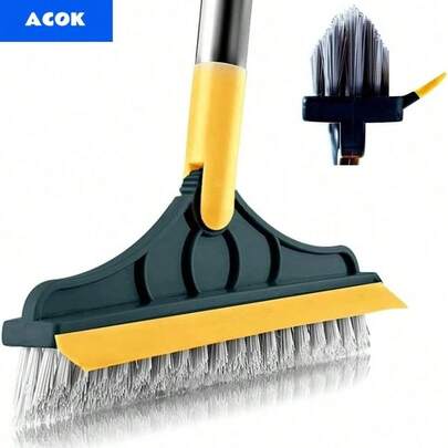 2-In-1 Floor Brush Washer With Long Handle Grouting Brush, Newly Upgraded Hard Bristle Cleaning Brush, Equipped With Rubber Scraper, 120 ° Rotating Tile Brush, Used For Cleaning Bathroom Glass Terrace Kitchen