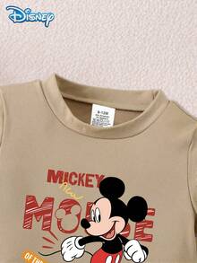 Disney 2件套男婴米奇字母印花短袖上衣和纯色短裤度假百搭套装，儿童可爱图案T恤和松紧腰短裤 - 卡其色 - 查看 3