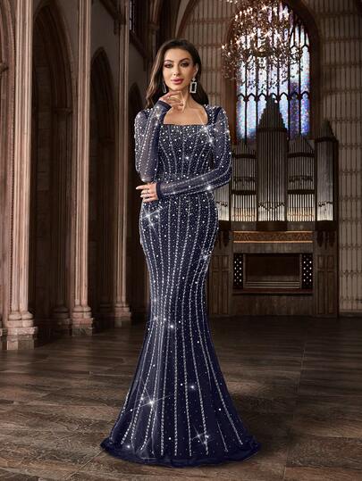 QOQ Women's Elegant Beaded & Rhinestone Embellished Formal Gown, Luxury Sparkling Crystal Dress, Suitable For Red Carpet, Gala, Formal Dinner, Charity Ball, Concert, Cocktail Party, Black Long Sleeve Square Neck Dress