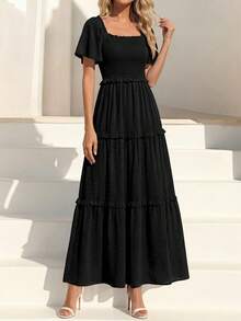 Women's Bohemian Summer Dress - Swiss Dot Smocked Square Neck Short Sleeve Maxi Dress For Spring Wedding Guest & Vacation - 黑色 - 查看 1