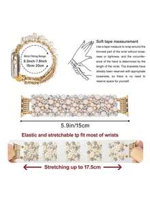 Huastonband 1件金色調全水鑽與珍珠彈性手環錶帶女款 Ultra3 2/SE/S11/S10/S9/S8/S7/S6/S5/S4/S3/S2/1，38mm/40mm/41mm/42mm/44mm/45mm/46mm/49mm，奢華珍珠與鑽石鍍彈性手鍊，時尚獨特設計適用於派對、海灘、婚禮、畢業典禮及其他場合 - 金色 - 查看 10