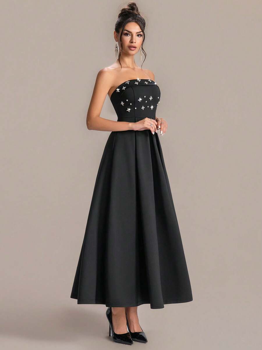 ASANDY 女士优雅无肩带水钻装饰正式礼服 - 黑色 - 查看 1