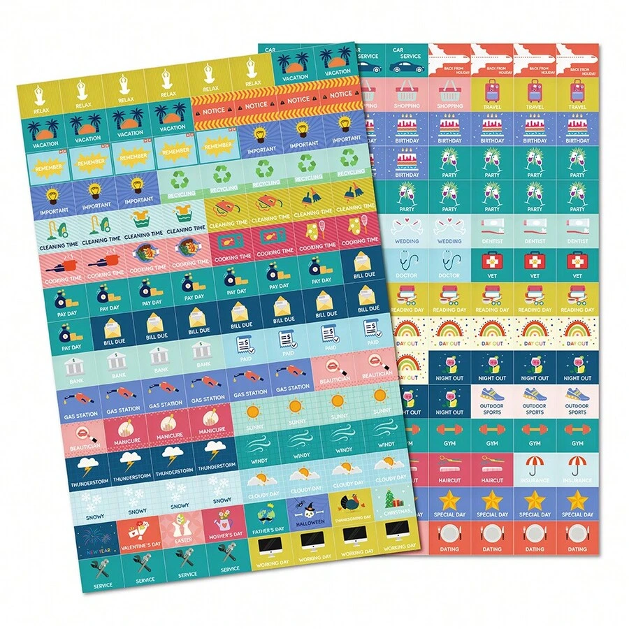 240张/2张计划贴纸，迷你方形图标，计划贴纸，忙碌妈妈系列，适用于日历和计划本，旅行、天气、假期、生日、阅读、休息、厨房、小贴士、日常清洁、运动、预算、医生预约和其他日常提醒，生活笔记，提醒贴纸，每日计划贴纸 - 彩色 - 查看 1