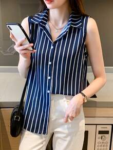 女士时尚条纹无袖衬衫领上衣，聚酯纤维面料，常规版型，前襟纽扣设计，夏季款 - 寶藍色 - 查看 10