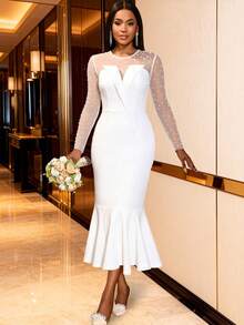 Women Valentine White Sheer Pearl Embellished V Neck Long Sleeves Fitted Mermaid Hem Dress Formal Occasions Wedding Guest - White - View 2