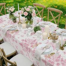 3 Pack Pink Floral Plastic Tablecloths, 54 X 108Inch Tea Party Tablecloth Disposable Vintage Table Cloth Pink And White Porcelain Tables Decor For Anniversay Valentine's Birthday Garden Wedding Party - Nhiều màu - Xem 6