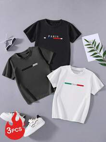 3pcs/Set Boys' & Teens' Casual Printed Round Neck Short Sleeve T-Shirts, Summer Tops