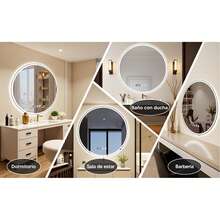 Espejo de baño táctil inteligente circular con espejo de luz circular led, 60 x 60 cm, con función antiniebla inteligente y botón táctil inteligente y pantalla de tiempo, tres temperaturas de color ajustadas libremente, espejo de maquillaje montado en la pared, vertical y horizontal, adecuado para duchas, guardarropa, tocador - Blanco - Ver 11