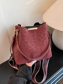 Nova Bolsa Balde Estampada de Leopardo PU Versátil, Elegante e Casual, Estilo de Nicho da Moda, Alça Larga Retrô Clássica de Alta Qualidade, Bolsa de Ombro Transversal Adequada para Trabalho, Encontros, Compras e Uso Diário - Vinho - Visão 3