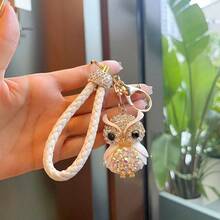 Car Keychain Alloy And Rhinestone Inlaid Owl Keychain With White Braided Cord - Sparkling Charm, Suitable For Car Keys, Bags, And Wallets - Ideal Birthday Gift, Symbol Of Luck, Represents Bringing Good Fortune - 白色 - 查看 3