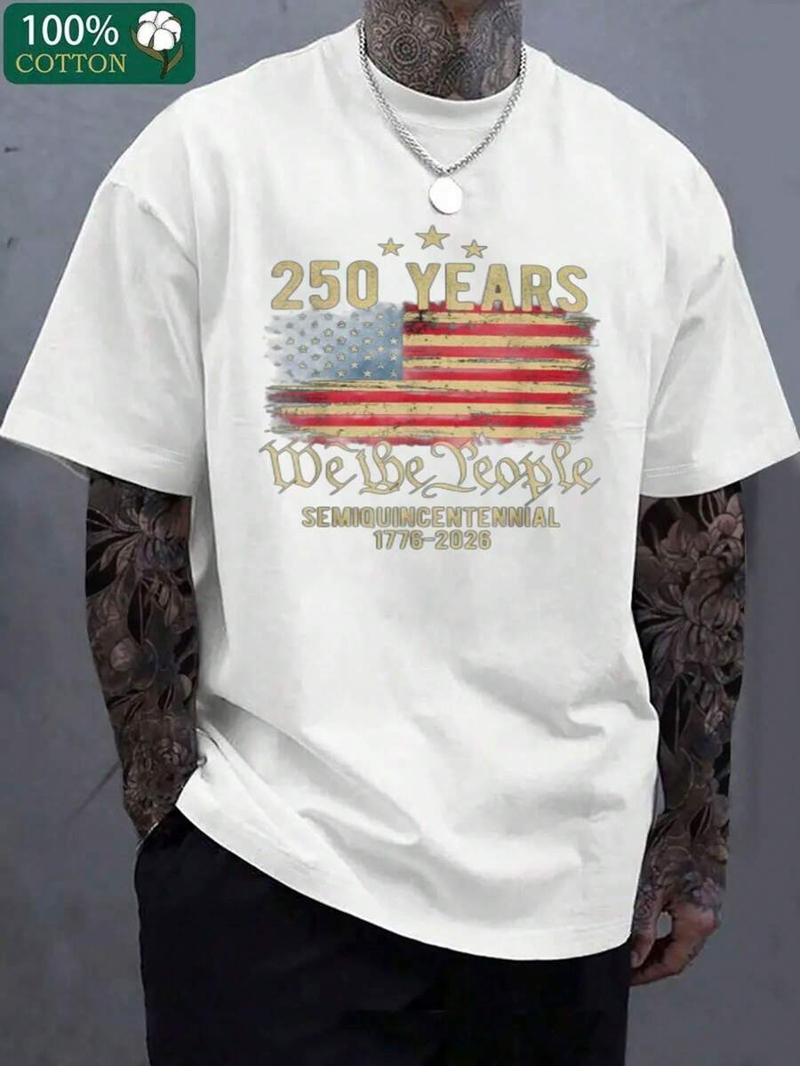 100% Cotton Vintage 250 Years T - Shirt, Faded Distressed American Flag Stars And Stripes Design, 'We The People' And 'SEMIQUINCENTENNIAL 1776 - 2026' Text, Celebrating 250th Anniversary Of America - 白色 - 查看 1