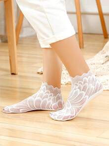 透明网眼蕾丝踝袜，女士款，防滑隐形内衬，花卉图案，弹性舒适，时尚透气短袜 - 彩色 - 查看 6