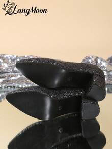 LangMoon 2026 New Arrival Black Glitter Thick Heel High Heels - Comfortable Versatile Sexy Design, Shiny Sequin Lights Ins Style European & American Sexy , Suitable For Parties, Gatherings, Nights Out And Casual Chic Outfits, Premium Soft Insole Non-Cramping, Women's High Heels, Suitable For Wedding Season And Various Holidays - Black - View 7