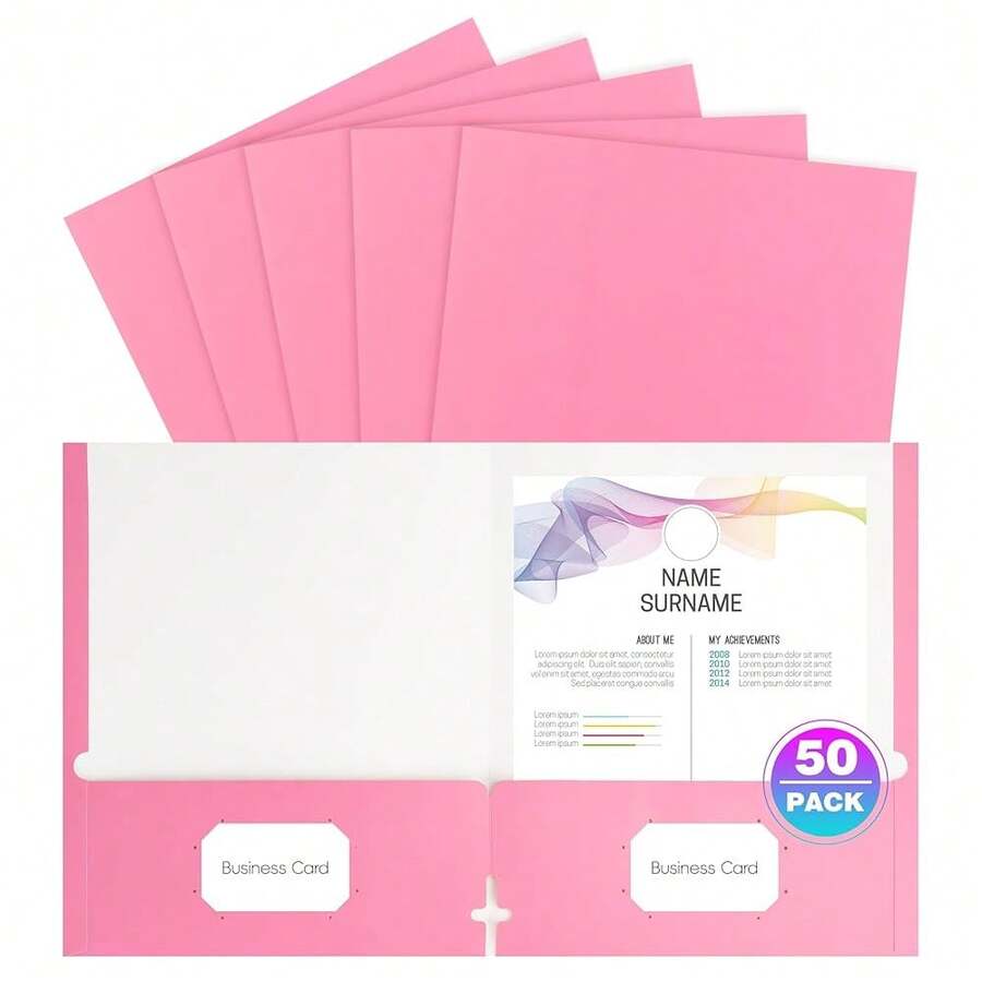50 Pack Folders With Pockets, Pocket Folders Fit Letter Size Paper, With Business Card Slot, 2-Pocket Folder For Schoolsss Office Home Business - Pink - View 1