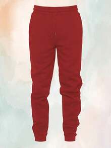 Men's Basic Drawstring Waist & Cuffed Casual Sweatpants For Outdoor Running, Spring And Fall - Đỏ - Xem 1