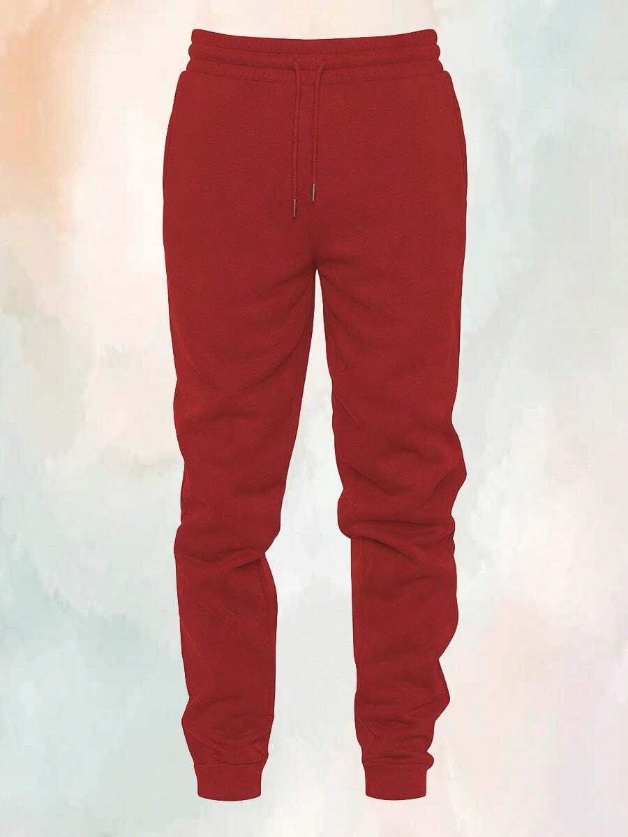 Men's Basic Drawstring Waist & Cuffed Casual Sweatpants For Outdoor Running, Spring And Fall - Đỏ - Xem 1