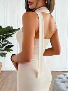 Đầm nữ gợi cảm, thanh lịch, cổ lệch, không dây vai, thích hợp cho công sở, tiệc tùng, lễ tốt nghiệp, đi biển, kỳ nghỉ, lễ Phục sinh, Ngày của Mẹ. - Màu be - Xem 5