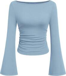Womens Long Sleeve Shirts 2026 Spring Crop Going Out Tops Casual Boat Neck Sleeve Ribbed Ruched Y2K Clothes - Light Blue - View 10