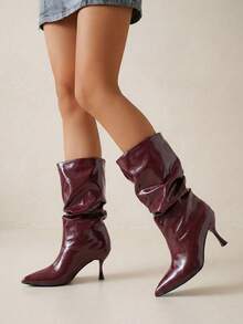 planare Giày bốt da bóng nhăn màu đỏ rượu vang cao đến giữa bắp chân, giày bốt thời trang cổ điển mũi nhọn, thích hợp để đi làm và dự tiệc, giúp thon gọn cho phụ nữ vào mùa thu/đông, giày cao gót màu đỏ tía - Màu Đỏ Sâu - Xem 2