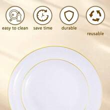 50/25/14/7/1件套白色底金色镶边圆形蛋糕甜点盘，包含（7.5英寸/10.25英寸小碟）和优质水果沙拉盘，可重复使用且易于清洁。是婚礼、情人节、生日和节日聚会的理想之选。 - 白底 - 查看 6