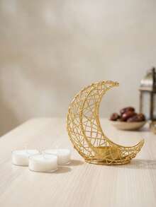 1Pc/Set Double-Arched Woven Star And Moon Metal Candlestick. Made Primarily From Metal Wire, This Candlestick Features A Minimalist Modern Design. Its Shape Is A Double-Layered Interwoven Crescent-Shaped Hollow Lattice Frame, Paired With A Circular Base, With Small Candle Trays Embedded In The Details - Multicolor - View 14