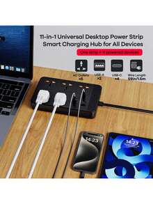 REMAX 30W 防浪涌扁平延长线,带扁平插头电源条,5 个间距较大的插座和 6 个 USB 充电端口(4 个 USB-C 端口 + 2 个 USB-A 端口),4 英尺长,适用于旅行、办公室、学校、宿舍等场所,带 LED 指示灯开关,黑色,是办公室、宿舍和家庭充电站的理想选择。 - 黑色 - 查看 3