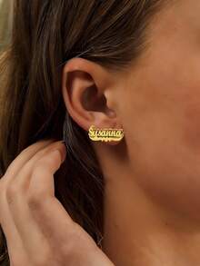 Customized Double-Layer Name Earrings, Stainless Steel 3D Name Plate Heart-Shaped Earrings, Shiny Bohemian Matte Earrings, Elegant European & American Style Jewelry, Personalized Gift For Girlfriend, Suitable For Birthday, Holidays, Daily Matching, Mother's Day, Christmas, And Gifts For Family - Gold - View 4