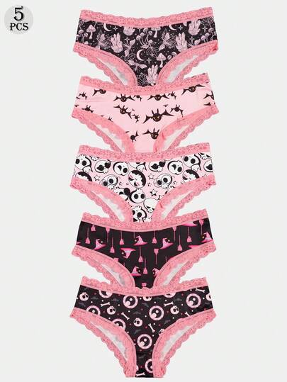 Dircho 5条装女士性感可爱哥特风撞色蕾丝比基尼内裤 - 骷髅月亮印花，丝滑柔软舒适贴身内衣，弹力透气松紧腰轻盈日常内衣套装