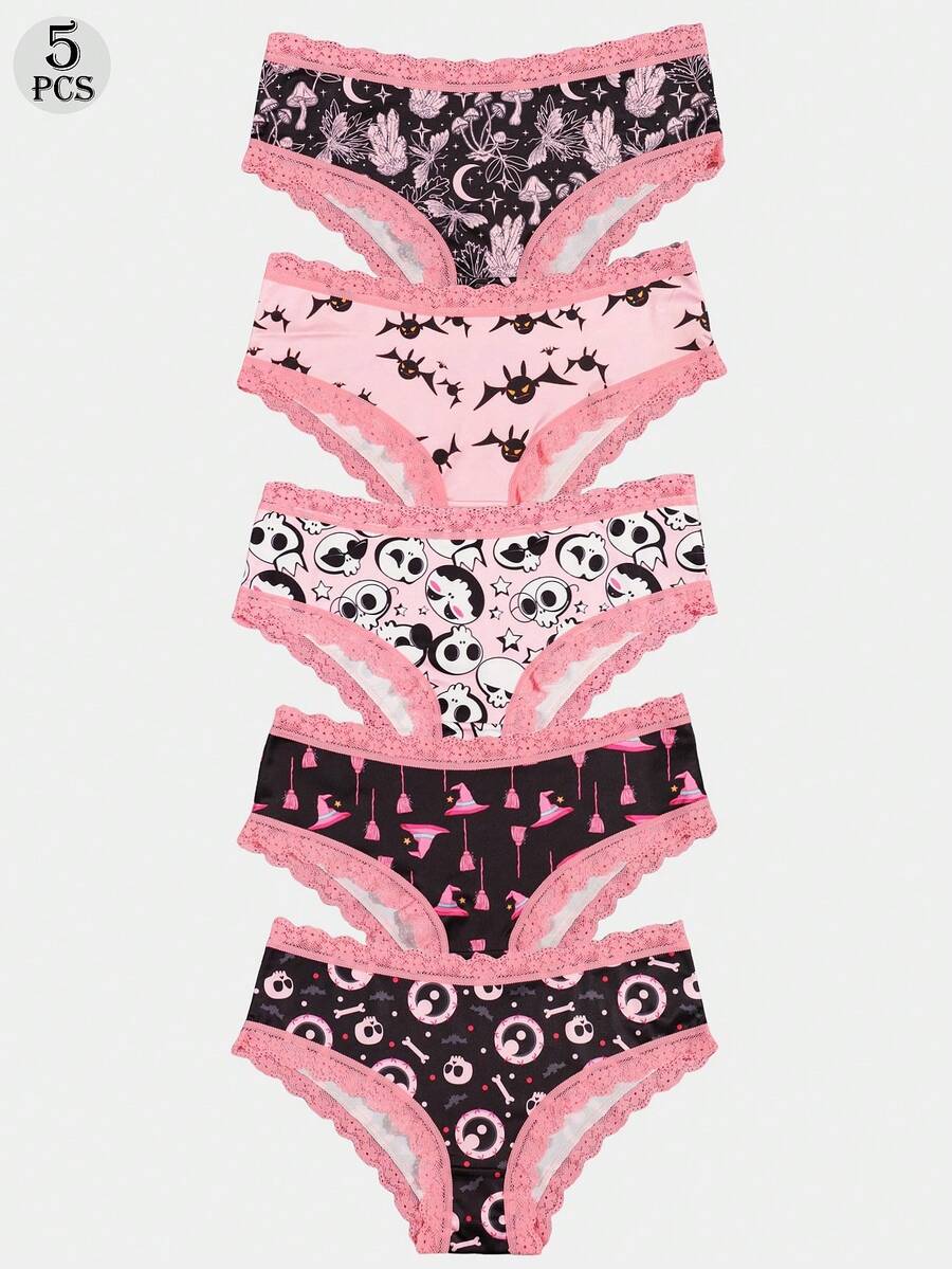 Dircho 5条装女士性感可爱哥特风撞色蕾丝比基尼内裤 - 骷髅月亮印花，丝滑柔软舒适贴身内衣，弹力透气松紧腰轻盈日常内衣套装 - 彩色 - 查看 1