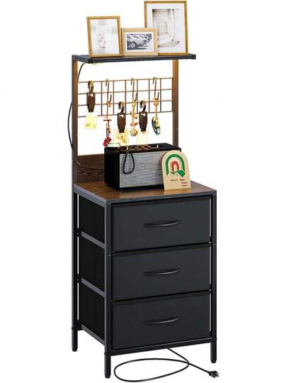 Buros para Recamara,con luz LED y Regleta,Mesa de Noche,Mesita de Noche Viene con 3 Cajones de Tejido de Cuero,Mesa Auxiliar,Viene 3 Clips y 3 Ganchos en Forma de S.(Negro)