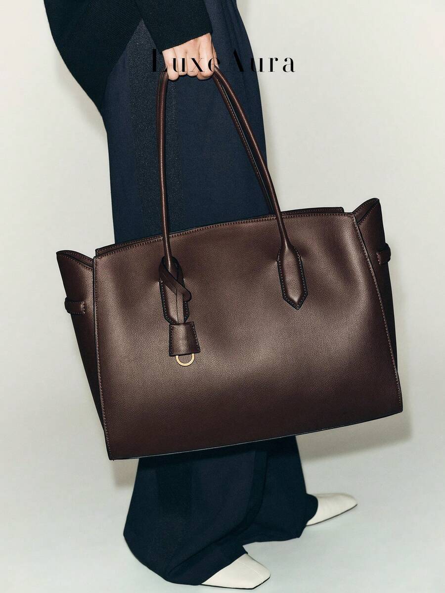 复古风女士手提包，新款大容量通勤OL办公公文包，高端百搭优雅单肩手提包，购物袋 - 巧克力棕 - 查看 1