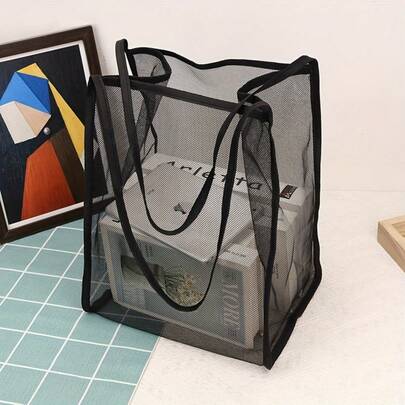 1个大容量透气网眼女士单肩包 - 轻便可折叠尼龙手提包，适合海滩、健身房、旅行和购物，休闲度假风格，配有固定肩带，多种颜色可选。