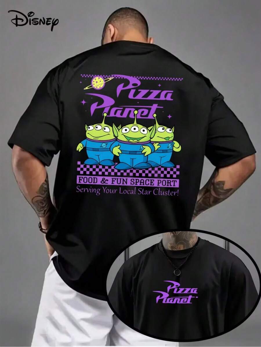 Disney Super Toy Story Claw Doll Pizza Planet Fun, Disney Authentic 1 Piece Fashion Cartoon Short Sleeve Design, Disney Cartoon Short Sleeve, Disney Men's Short Sleeve, Summer Dress, Daily Wear, Fashion, Interesting Printing, Breathable Fabrics, Durable Sewing, Printed T-Shirts, Adult Collection Edition, Men's Casual Wear. - Black - View 1